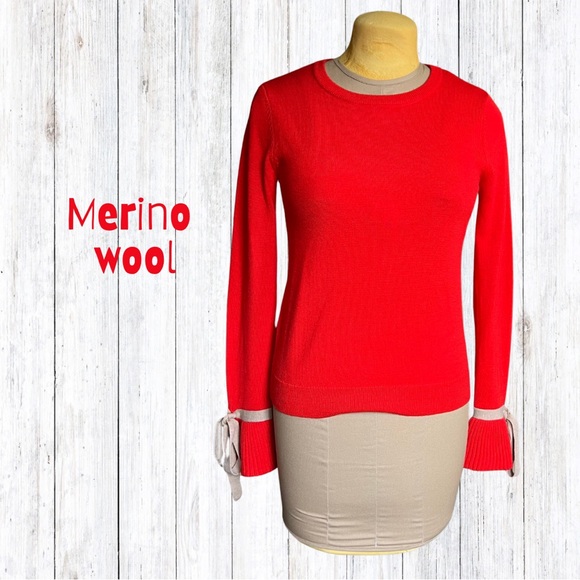 Tabula Rasa Merino Wool Tie Cuff Bell Sleeve Sweater Coral Red Size Small - Picture 1 of 12
